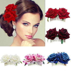 1PC Romantic Fancy Double Silk Artificial Rose Flower Hair Comb Purple White Hair Clip Wedding Bridal Women Prom Headpiece