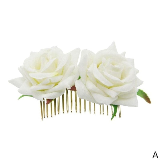 1PC Romantic Fancy Double Silk Artificial Rose Flower Hair Comb Purple White Hair Clip Wedding Bridal Women Prom Headpiece