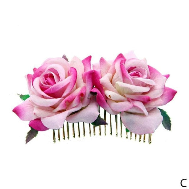 1PC Romantic Fancy Double Silk Artificial Rose Flower Hair Comb Purple White Hair Clip Wedding Bridal Women Prom Headpiece