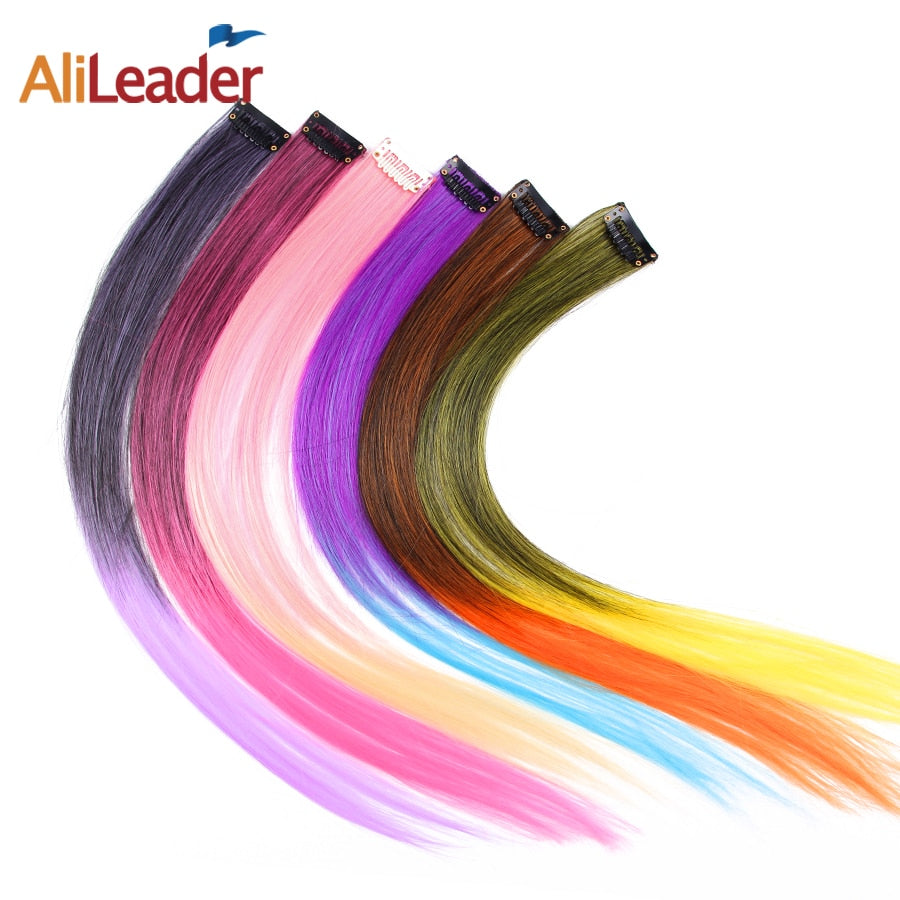 AliLeader Product 57 Colors Clip In One Piece Hair Extensions Synthetic Ombre Pink Red Blue Hair For Women Girl Kids With Clip