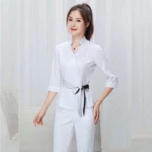 Women white Beauty salon clothing hotel waiter work clothes SPA Uniform autumn Seven-quarter sleeve sauna foot bath Uniforms