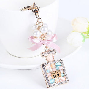 High Quality Women Keychain Fashion Jewelry Bag Charm Rhinestone Opals Keyring Key Holder Creative Perfume Bottle Key Chain Ring