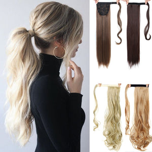 SHANGKE 24''Long Straight Drawstring Ponytail Clip In Synthetic Hair Extension Extensions Wrap on Hair Temperature Fiber