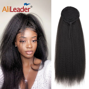AliLeader Long Afro Puff Ponytail Hair Kinky Natural Hair Synthetic Kinky Straight Drawstring Ponytails With Clip Elastic Band