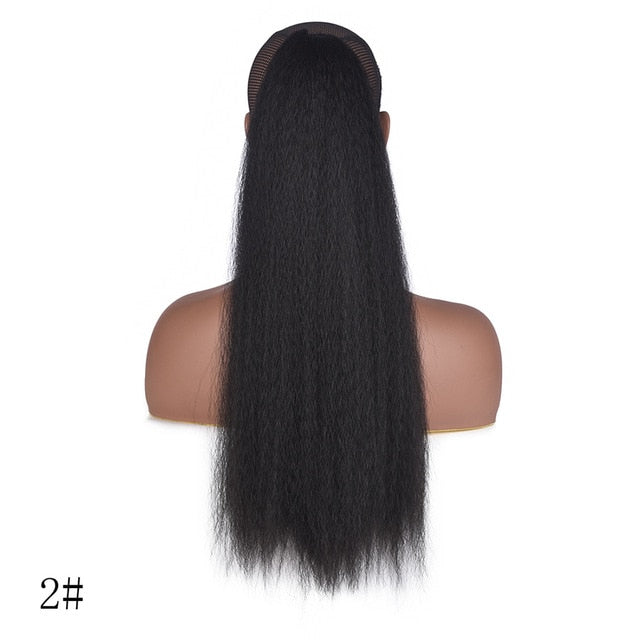 AliLeader Long Afro Puff Ponytail Hair Kinky Natural Hair Synthetic Kinky Straight Drawstring Ponytails With Clip Elastic Band