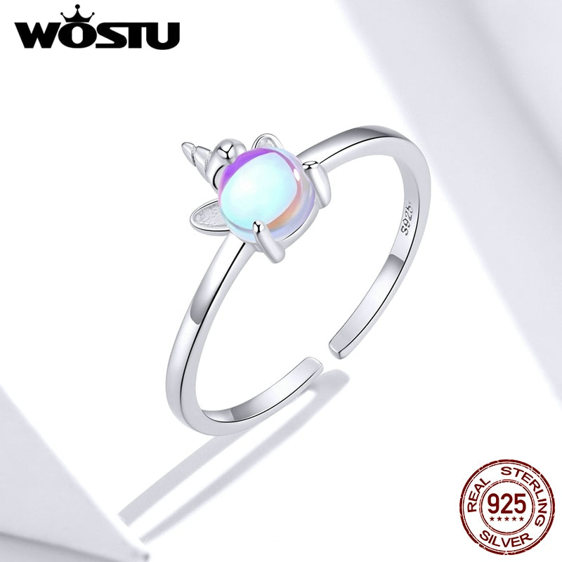 WOSTU Fancy Unicorn Opal Rings 100% 925 Sterling Silver Adjustable Ring For Women Open Ring Wedding Fashion Jewelry FIR642