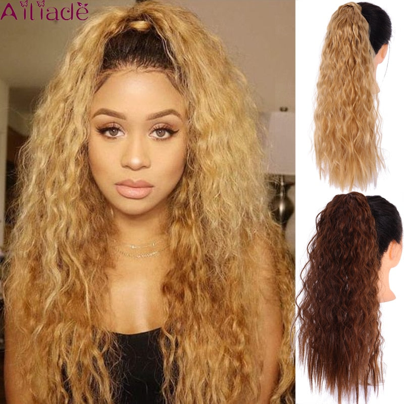 AILIADE Corn Wavy Long Ponytail Heat Resistant Synthetic Hairpiece Wrap on Clip Hair Extensions Brown Pony Tail Blonde Fack Hair