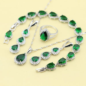 XUTAAYI Top Quality Silver Color Jewelry Sets Green Imitated Emerald Fancy Necklace/Rings/Earrings/Bracelet Wedding Jewelry