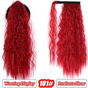 AILIADE Corn Wavy Long Ponytail Heat Resistant Synthetic Hairpiece Wrap on Clip Hair Extensions Brown Pony Tail Blonde Fack Hair