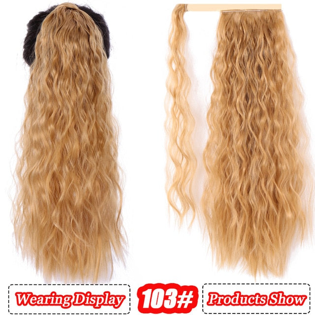 AILIADE Corn Wavy Long Ponytail Heat Resistant Synthetic Hairpiece Wrap on Clip Hair Extensions Brown Pony Tail Blonde Fack Hair