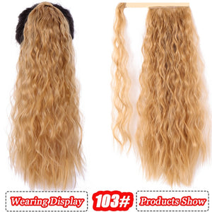AILIADE Corn Wavy Long Ponytail Heat Resistant Synthetic Hairpiece Wrap on Clip Hair Extensions Brown Pony Tail Blonde Fack Hair