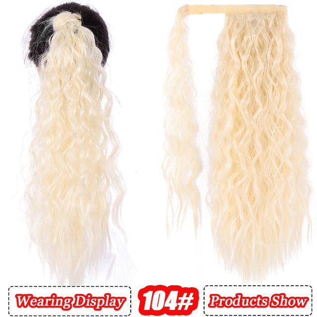 AILIADE Corn Wavy Long Ponytail Heat Resistant Synthetic Hairpiece Wrap on Clip Hair Extensions Brown Pony Tail Blonde Fack Hair