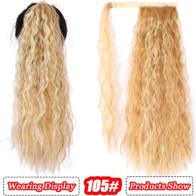 AILIADE Corn Wavy Long Ponytail Heat Resistant Synthetic Hairpiece Wrap on Clip Hair Extensions Brown Pony Tail Blonde Fack Hair