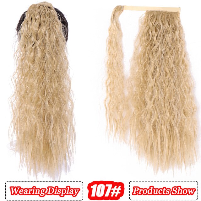 AILIADE Corn Wavy Long Ponytail Heat Resistant Synthetic Hairpiece Wrap on Clip Hair Extensions Brown Pony Tail Blonde Fack Hair