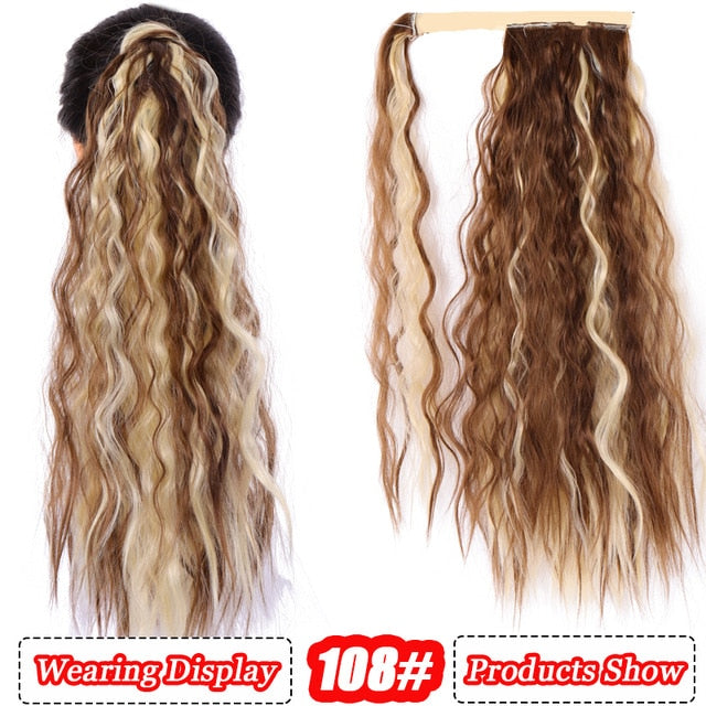 AILIADE Corn Wavy Long Ponytail Heat Resistant Synthetic Hairpiece Wrap on Clip Hair Extensions Brown Pony Tail Blonde Fack Hair