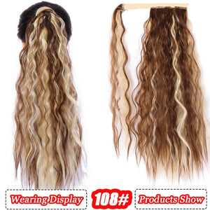 AILIADE Corn Wavy Long Ponytail Heat Resistant Synthetic Hairpiece Wrap on Clip Hair Extensions Brown Pony Tail Blonde Fack Hair
