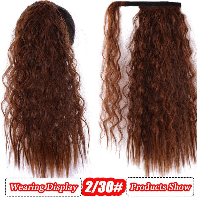 AILIADE Corn Wavy Long Ponytail Heat Resistant Synthetic Hairpiece Wrap on Clip Hair Extensions Brown Pony Tail Blonde Fack Hair