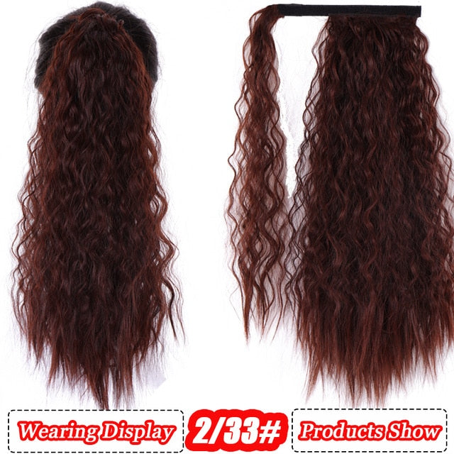 AILIADE Corn Wavy Long Ponytail Heat Resistant Synthetic Hairpiece Wrap on Clip Hair Extensions Brown Pony Tail Blonde Fack Hair