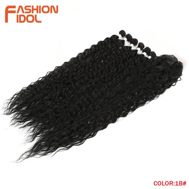 FASHION IDOL Afro Kinky Curly Hair Bundles Extensions With Closure Ombre Golden 30inch Soft Super Long Hair Synthetic Wave Hair
