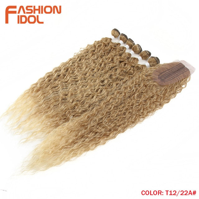 FASHION IDOL Afro Kinky Curly Hair Bundles Extensions With Closure Ombre Golden 30inch Soft Super Long Hair Synthetic Wave Hair