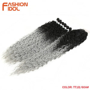 FASHION IDOL Afro Kinky Curly Hair Bundles Extensions With Closure Ombre Golden 30inch Soft Super Long Hair Synthetic Wave Hair