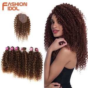FASHION IDOL Afro Kinky Curly Hair 16-20inch 7Pieces/lot Synthetic Hair Middle Part Lace Front Closure Bundles With Closure 240g