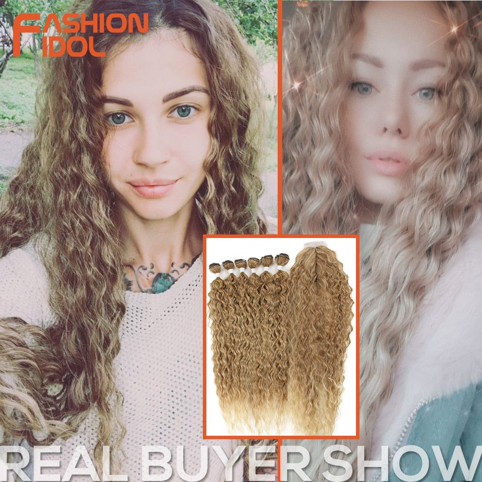FASHION IDOL Afro Kinky Curly Hair Bundles Extensions With Closure Ombre Golden 30inch Soft Super Long Hair Synthetic Wave Hair