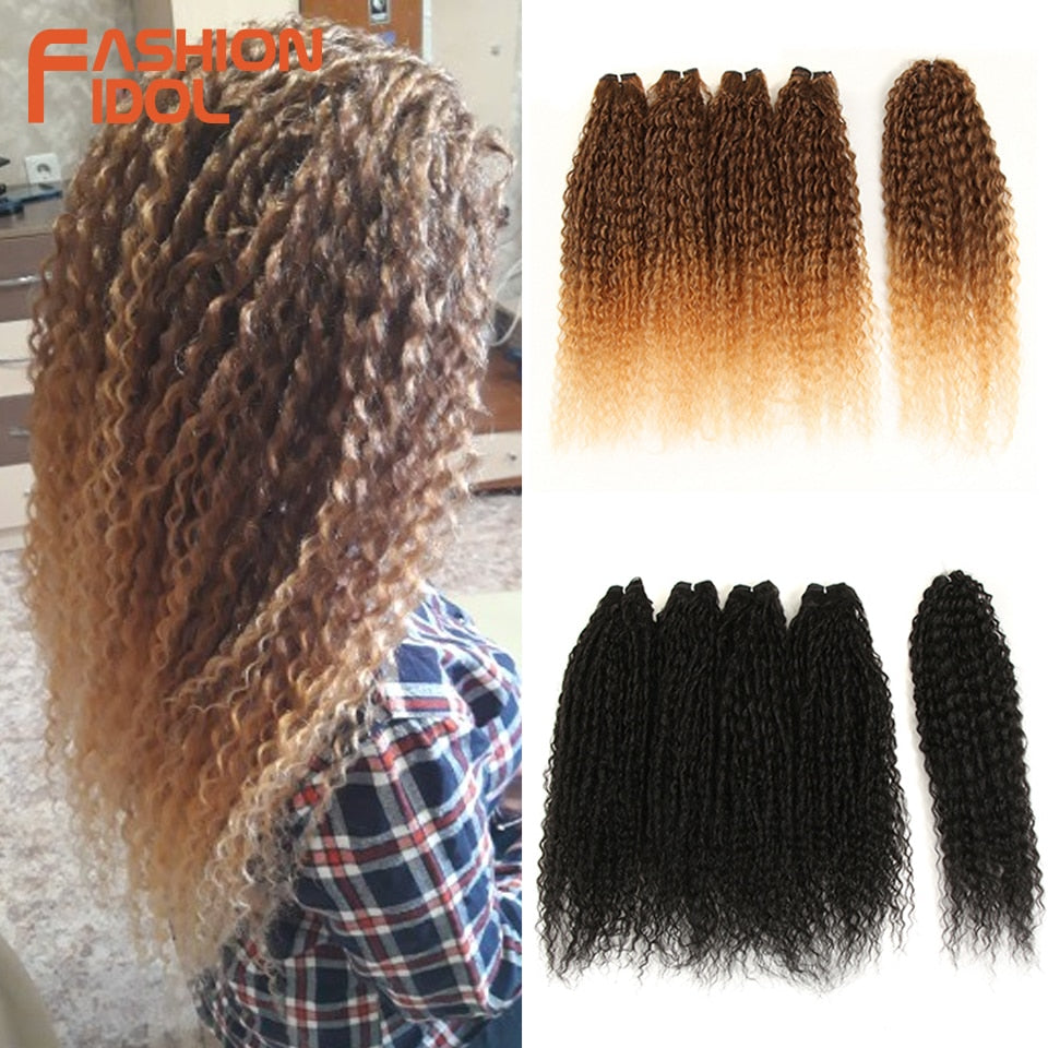 FASHION IDOL Afro Kinky Curly Hair Bundles 5pcs/pack 24 inch Ombre Blonde Nature Black Color Synthetic Hair Weave Bundles Fiber