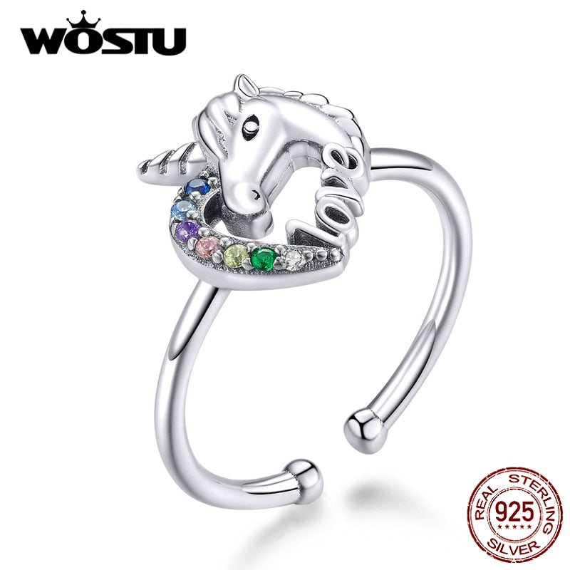 WOSTU Fancy Unicorn Open Rings 100% 925 Sterling Silver Adjustable Ring Finger For Women Wedding Engagement Jewelry Gifts CQR644