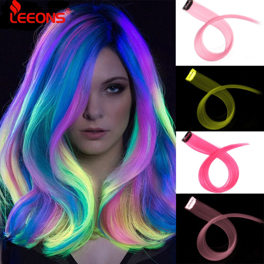 Leeons Colored Highlight Synthetic Hair Extensions Clip In One Piece Color Strips 20" Long Straight Hairpiece For Sports Fans