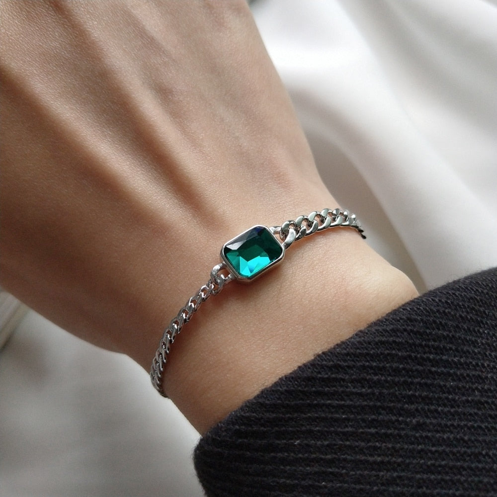 925 Sterling Silver Wide Curb Caban Chain Faceted Rectangular Emerald Green Crystal Bracelet For Female Party Fashion Jewelry