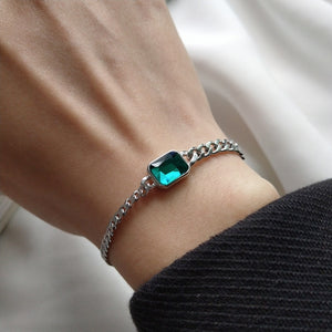 925 Sterling Silver Wide Curb Caban Chain Faceted Rectangular Emerald Green Crystal Bracelet For Female Party Fashion Jewelry
