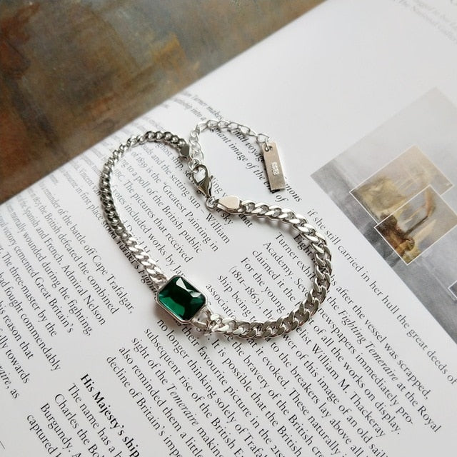 925 Sterling Silver Wide Curb Caban Chain Faceted Rectangular Emerald Green Crystal Bracelet For Female Party Fashion Jewelry