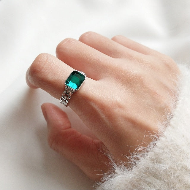 925 Sterling Silver Wide Curb Caban Chain Faceted Rectangular Emerald Green Crystal Bracelet For Female Party Fashion Jewelry