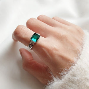 925 Sterling Silver Wide Curb Caban Chain Faceted Rectangular Emerald Green Crystal Bracelet For Female Party Fashion Jewelry