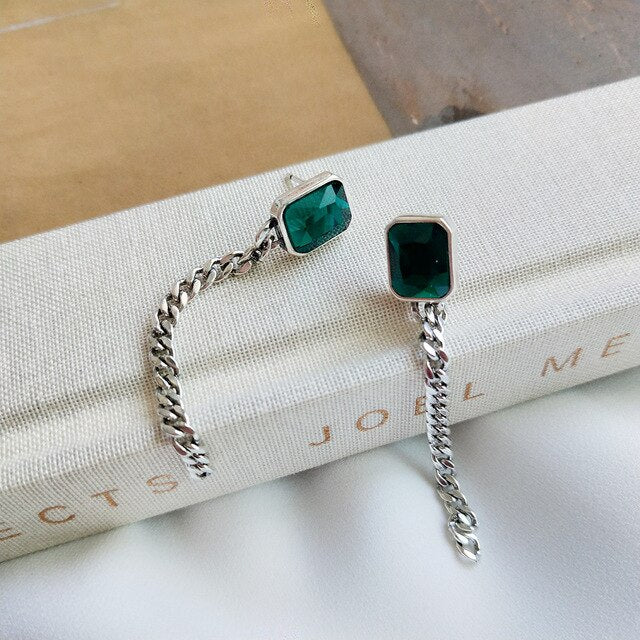 925 Sterling Silver Wide Curb Caban Chain Faceted Rectangular Emerald Green Crystal Bracelet For Female Party Fashion Jewelry