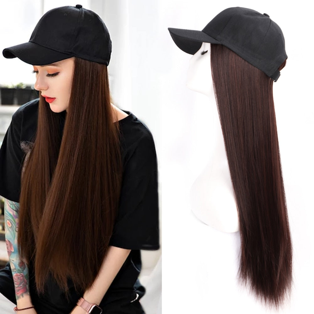 Long Synthetic Baseball Cap Hair Wig Natural Black / Brown Straight Wigs Naturally Connect Synthetic Hat Wig Adjustable For Girl