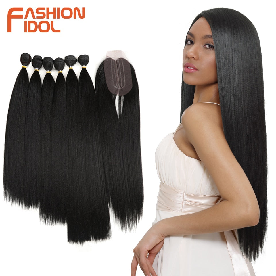 FASHION IDOL Yaki Straight Hair Bundles 7Pcs/Pack 16-20inch Ombre 613# Synthetic Hair Bundles With Closure Weave Hair Extension