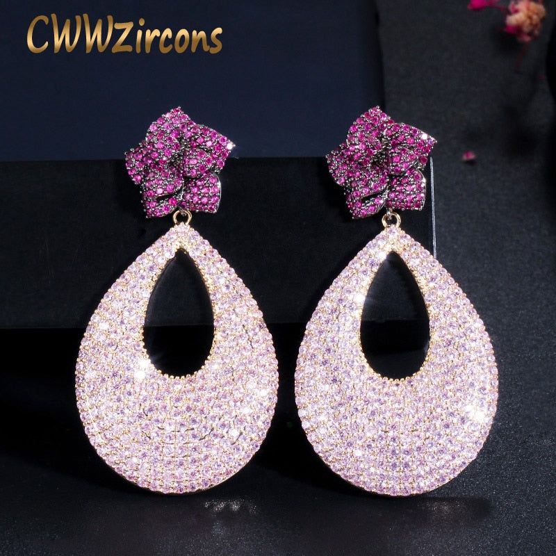 CWWZircons Fancy Micro Pave Red Pink Cubic Zirconia Long Big Rose Flower Drop Wedding Earrings for Women Party Jewelry CZ696