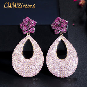 CWWZircons Fancy Micro Pave Red Pink Cubic Zirconia Long Big Rose Flower Drop Wedding Earrings for Women Party Jewelry CZ696