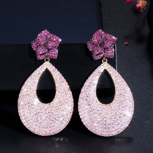 CWWZircons Fancy Micro Pave Red Pink Cubic Zirconia Long Big Rose Flower Drop Wedding Earrings for Women Party Jewelry CZ696
