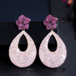 CWWZircons Fancy Micro Pave Red Pink Cubic Zirconia Long Big Rose Flower Drop Wedding Earrings for Women Party Jewelry CZ696