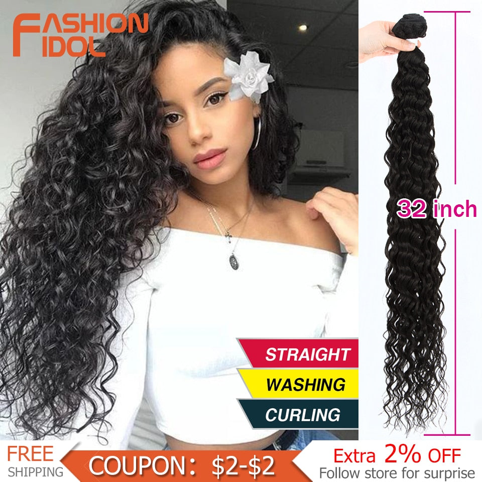 FASHION IDOL Water Wavy Hair Bundles Synthetic Hair Extensions Ombre Blonde 32 inch Soft Super Long Hair Synthetic Curly Hair