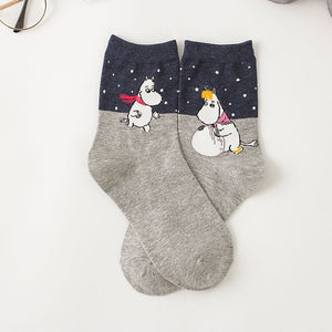 Cartoon Moomin Fancy Korean Sweet Cotton Casual Socks Woman    Winter Warm Streetwear Cute Funny Socks Short Happy Ankle Socks