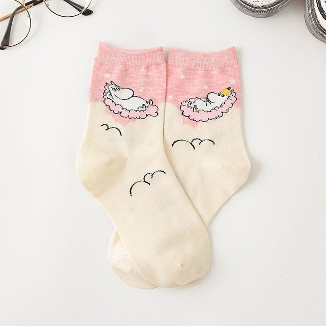 Cartoon Moomin Fancy Korean Sweet Cotton Casual Socks Woman    Winter Warm Streetwear Cute Funny Socks Short Happy Ankle Socks