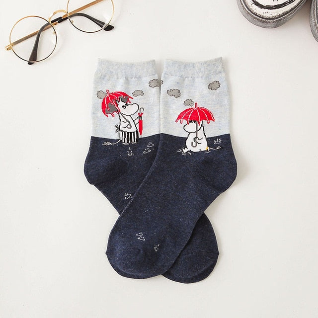 Cartoon Moomin Fancy Korean Sweet Cotton Casual Socks Woman    Winter Warm Streetwear Cute Funny Socks Short Happy Ankle Socks
