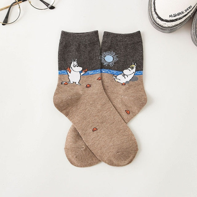Cartoon Moomin Fancy Korean Sweet Cotton Casual Socks Woman    Winter Warm Streetwear Cute Funny Socks Short Happy Ankle Socks