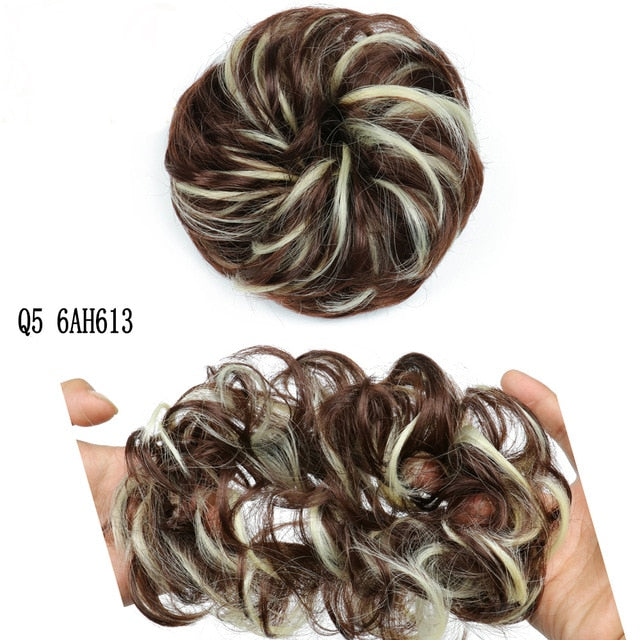 MERISIHAIR Girls Curly Scrunchie Chignon With Rubber Band Brown Gray Synthetic Hair Ring Wrap On Messy Bun Ponytails