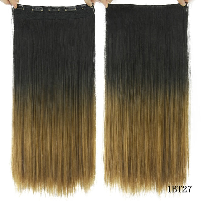 Soowee Long Straight Women Clip in Hair Extensions Black Brown High Tempreture Synthetic Hair Piece