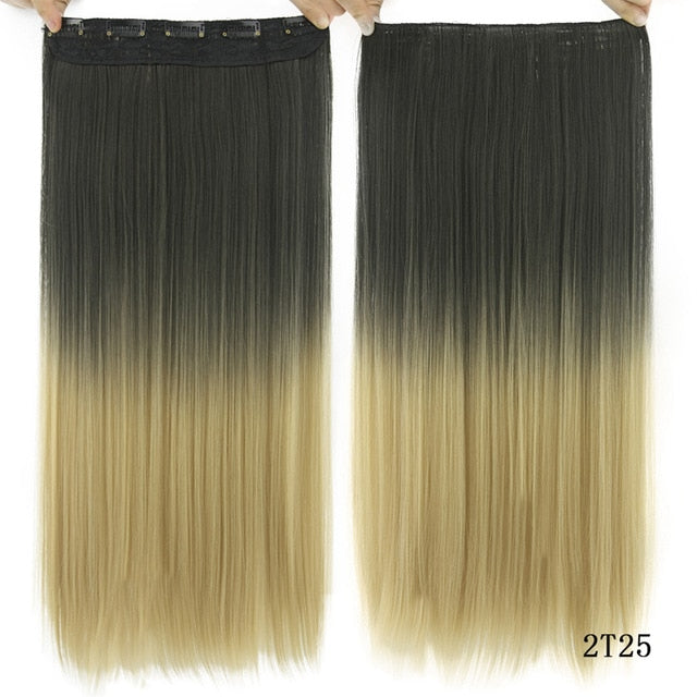 Soowee Long Straight Women Clip in Hair Extensions Black Brown High Tempreture Synthetic Hair Piece